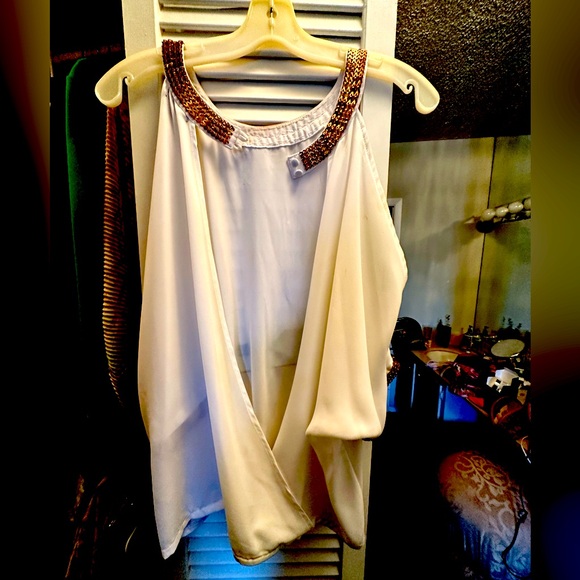 White open back gold Grecian neckline top. Buttons back of neck. - Picture 1 of 2